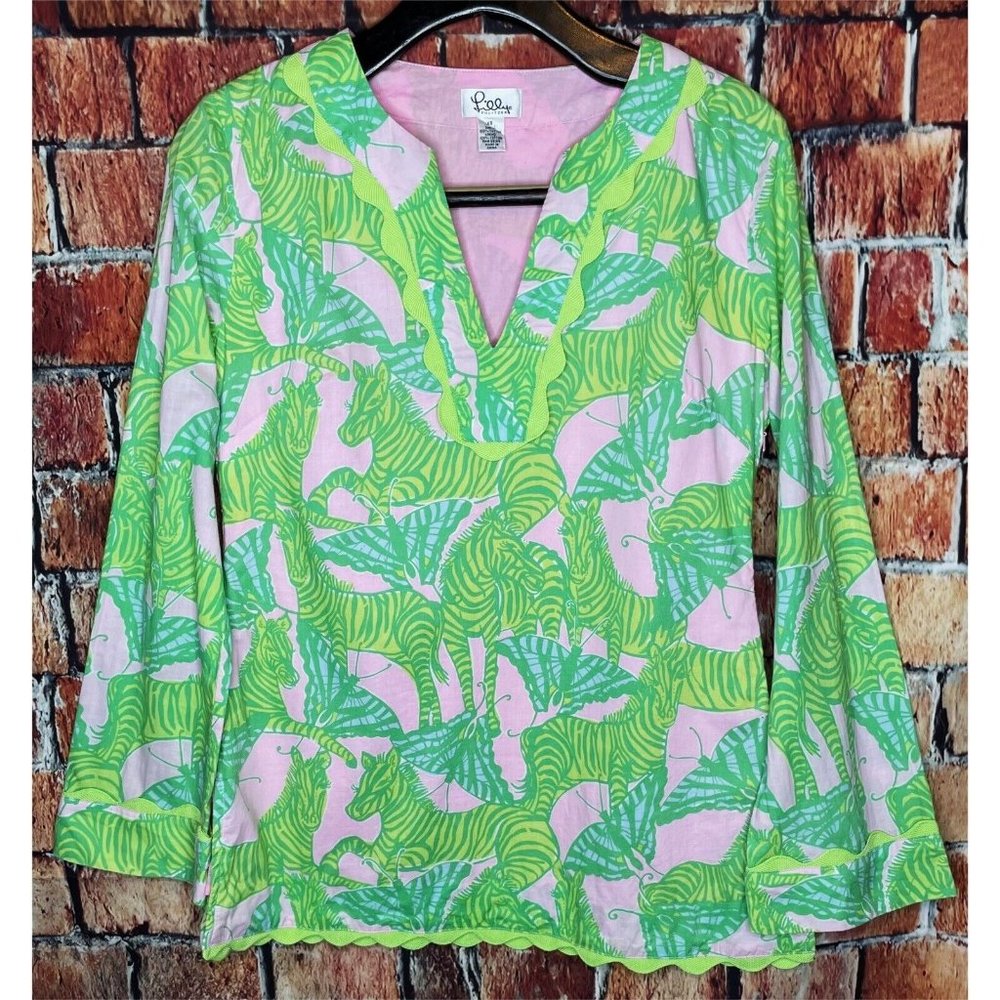Lilly Pulitzer Women’s XS Green Pink Zebra Butterfly Long Sleeve Tunic Top